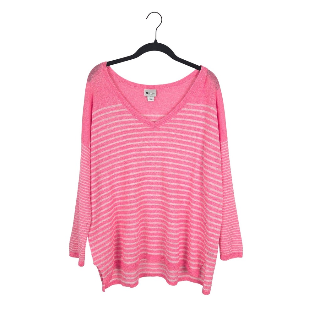 Stylus Pink‎ White Striped Linen Blend V-Neck Lightweight Sweater XL Beachy